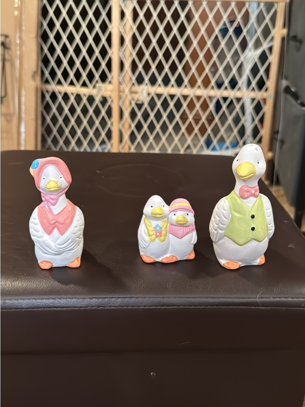 Ceramic Duck Family Figurine Set - White with Pink & Green Accents s&p set